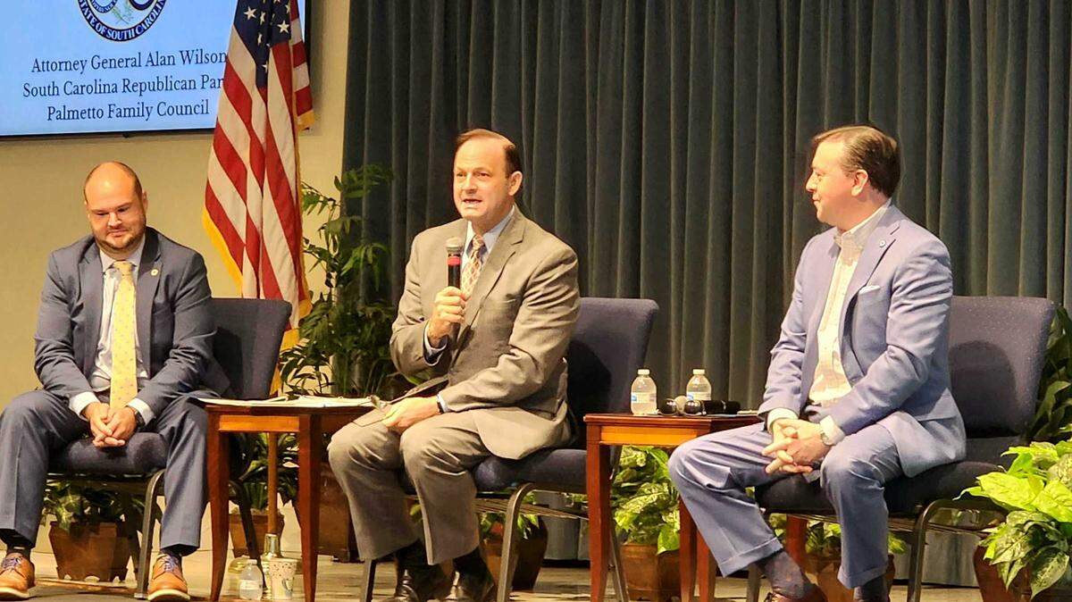 South Carolina Attorney General Alan Wilson discussing the need for judicial reform with GOP state party chair, Drew McKissick, and Palmetto Family executive director, Mitch Prosser on Monday, August 14, 2023.