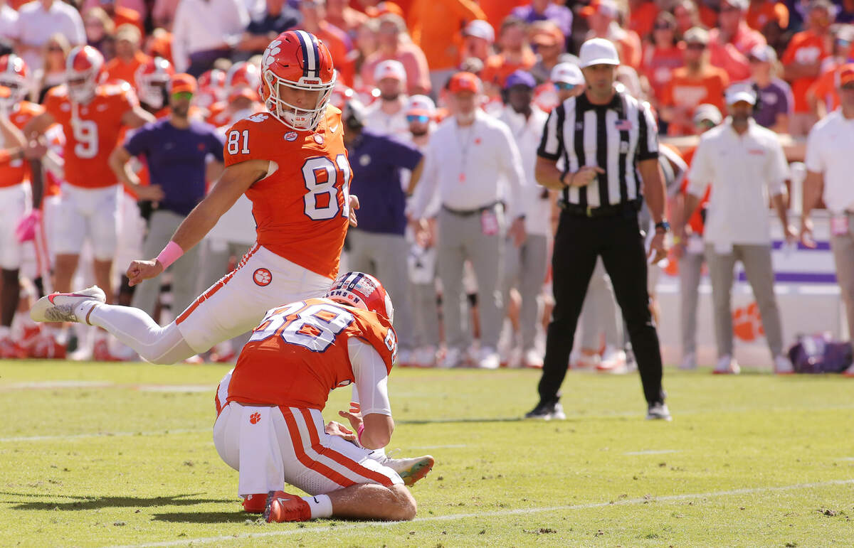Clemson place kicker Nolan Hauser (81) is seen against Virginia during first-half action in Clemson, S.C. on Saturday, Oct. 19, 2024.
