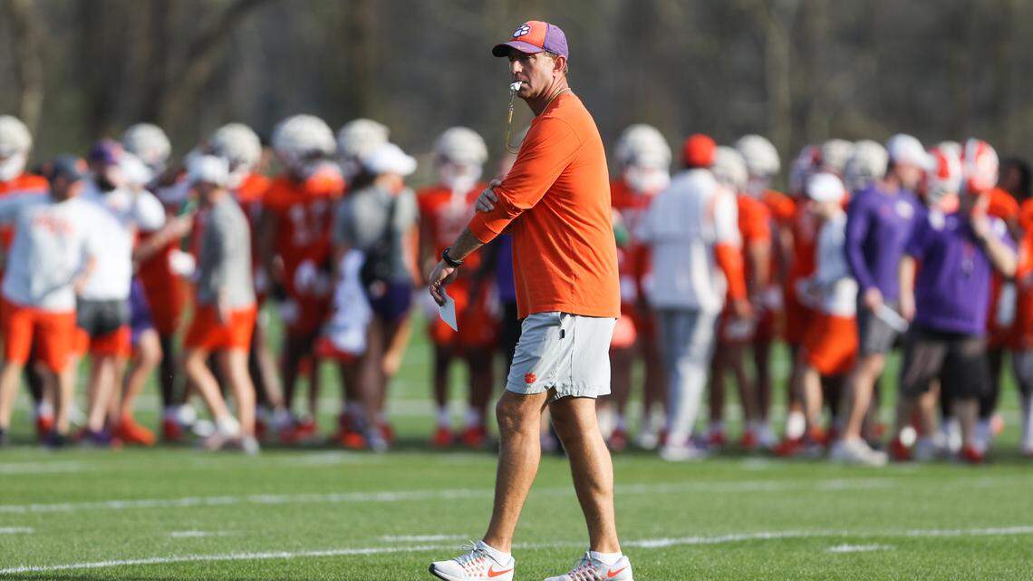 Clemson head coach Dabo Swinney during spring practice in Clemson on March 6 , 2023