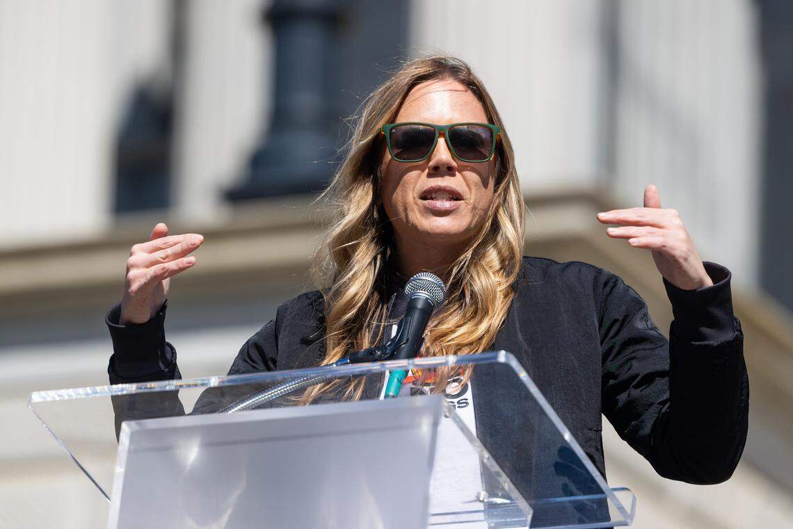 Dr. Annie Andrews speaks at a No Kings rally at the South Carolina State House on Saturday, March 28, 2026. 
