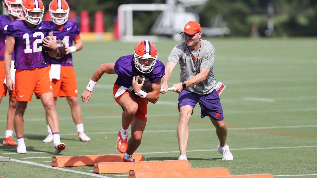 Clemson’s Cade Klubnik at the Tigers’ first practice of 2022 camp on Friday, Aug. 5.
