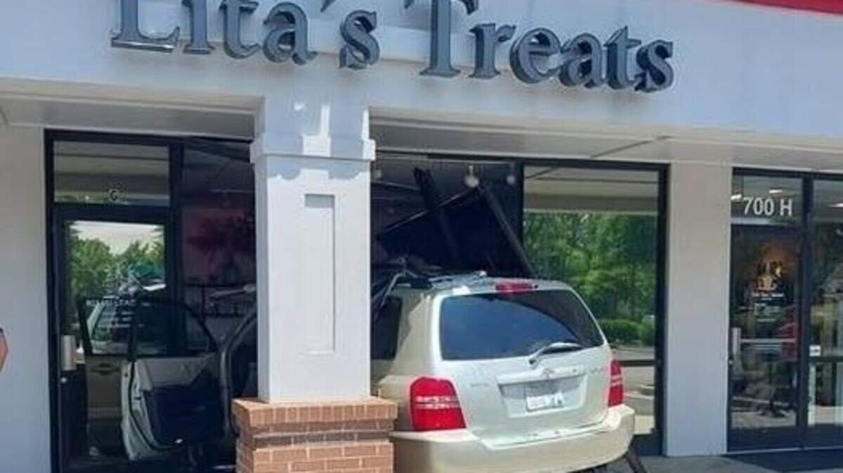 A car crashed through the storefront at Lita’s Treats bakery at 800 Lake Murray Blvd. on May 8, 2025.