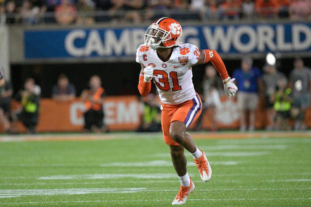 Clemson cornerback Mario Goodrich (31) follows a play during the first half of the Cheez-It Bowl NCAA college football game against Iowa State, Wednesday, Dec. 29, 2021, in Orlando, Fla. (AP Photo/Phelan M. Ebenhack)