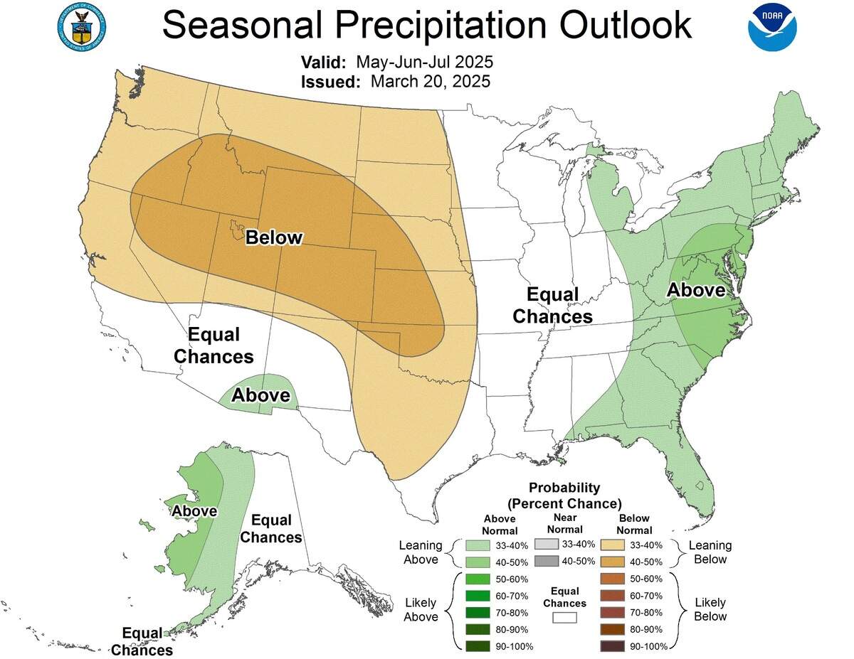A map that shows rainfall chances across the U.S. from May through July.