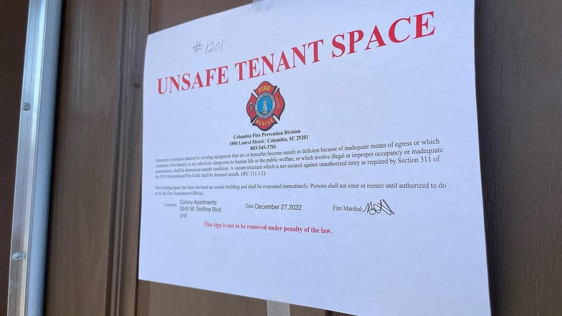 Residents of Colony Apartments on West Beltline Boulevard were evacuated to area hotels Dec. 27 as the Columbia-Richland Fire Department and City of Columbia Code Enforcement inspect the property, according to the department.