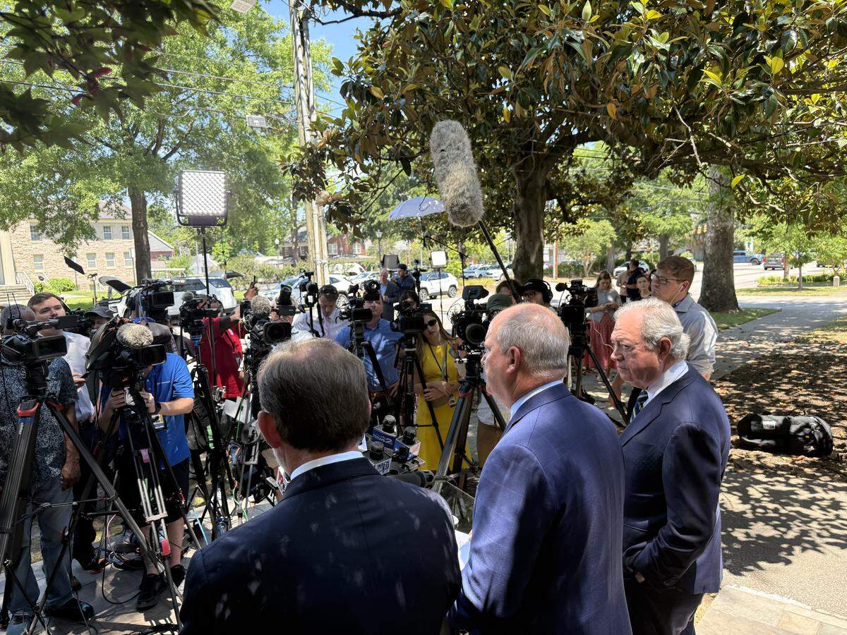 Alex Murdaugh defense attorneys face more than two dozen reporters on Monday, May 18, 2026, to answer questions about a lawsuit filed by Murdaugh against former clerk of court Becky Hill. 