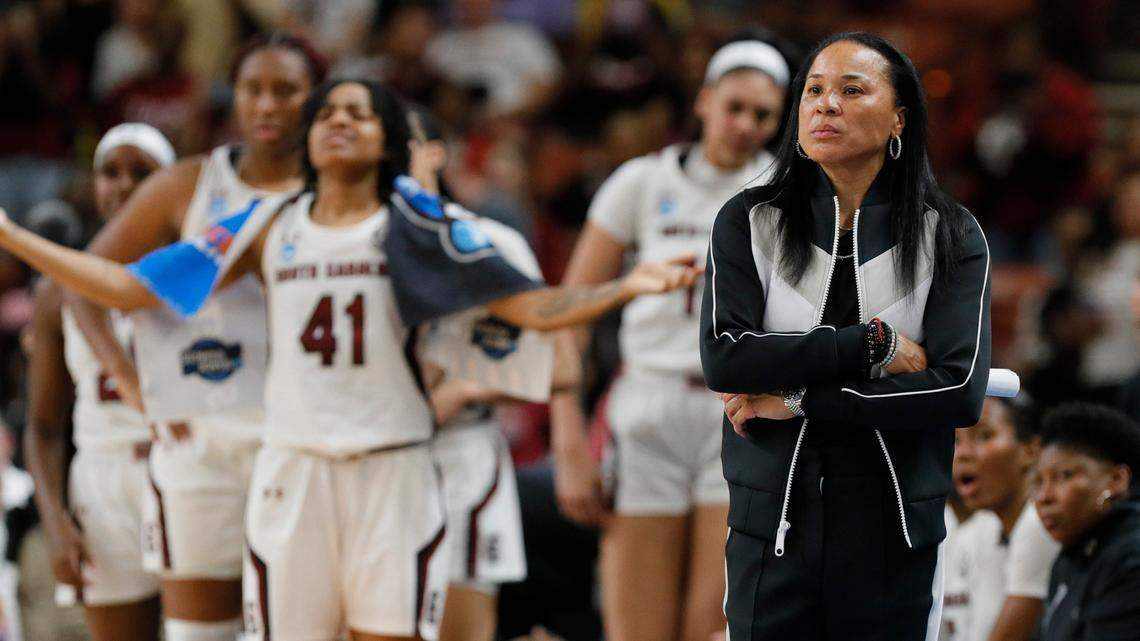 South Carolina Gamecocks head coach Dawn Staley watches her team play UCLA in the NCAA Tournament Sweet 16 at the Bon Secours Wellness Arena in Greenville, South Carolina on Saturday, March 25, 2023.