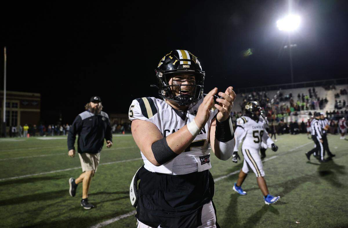 Grayson White (15) of Camden reacts to his team’s win following their game against Brookland-Cayce in the Class 3A Lower State championship game in Cayce on Friday, November 24, 2023.