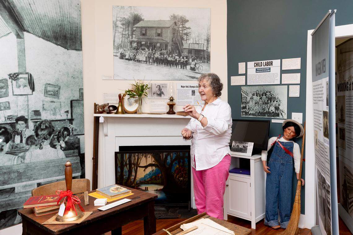 Sherry Jaco describes the school room inside the Olympia Mill Village Museum. The museum is inside the original Olympia Mill School which opened in a mill house in 1901.