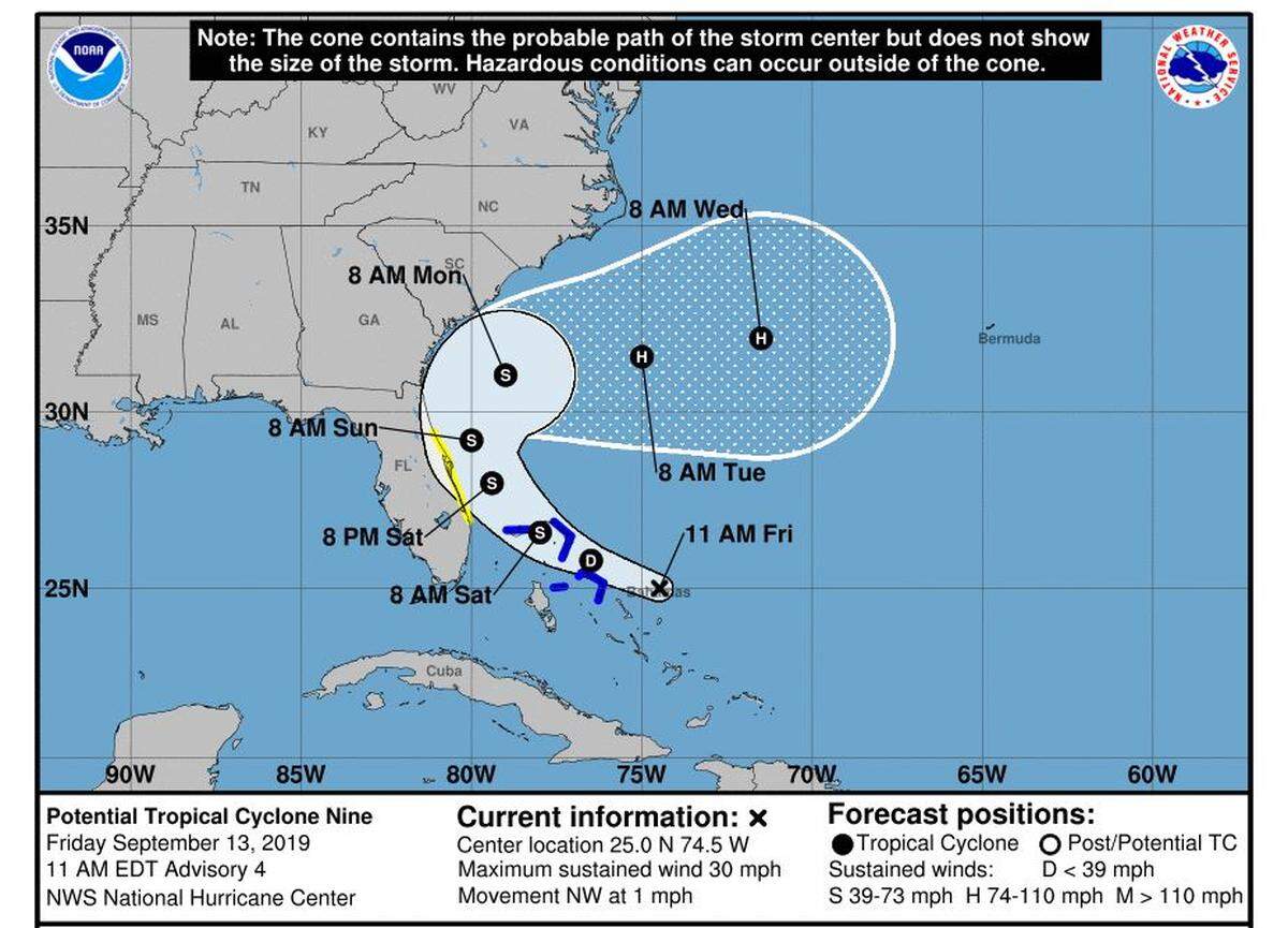 The National Hurricane Center forecasts a tropical storm could bring wind and rain to the Carolinas starting this weekend.