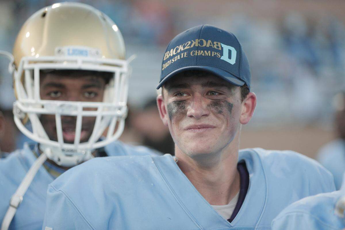Daniel High School’s Clay Swinney celebrates after beating Camden at Benedict College on Friday, December 3, 2021.