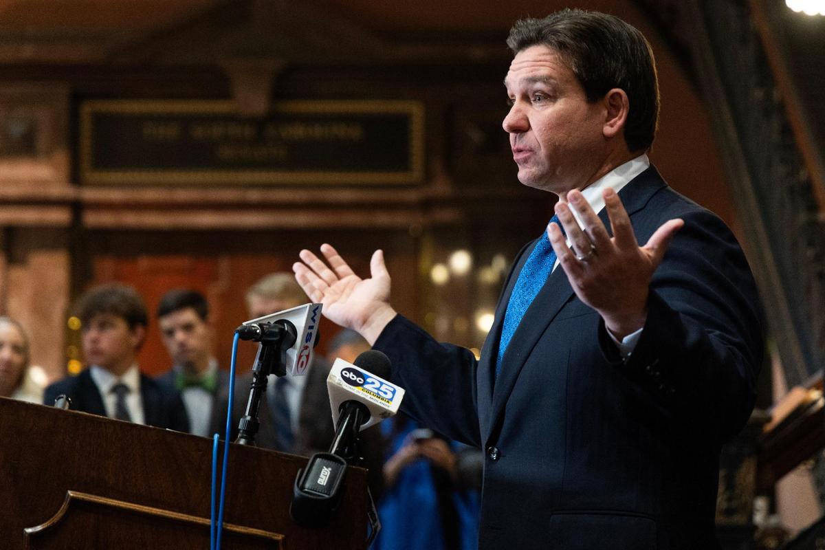 Florida Governor Ron DeSantis speaks at the South Carolina State House on Tuesday, January 16, 2024. DeSantis thanked South Carolina lawmakers for bills banning surgical interventions for transgender children, which there is no evidence happen in South Carolina.