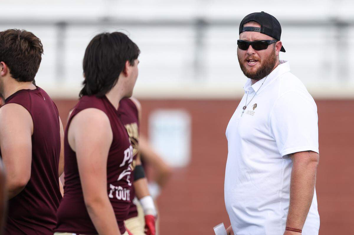 Head coach Cory Helms of Pelion looks on during the Lexington One Sportsarama at River Bluff High School in Lexington on Friday, August 15, 2025.