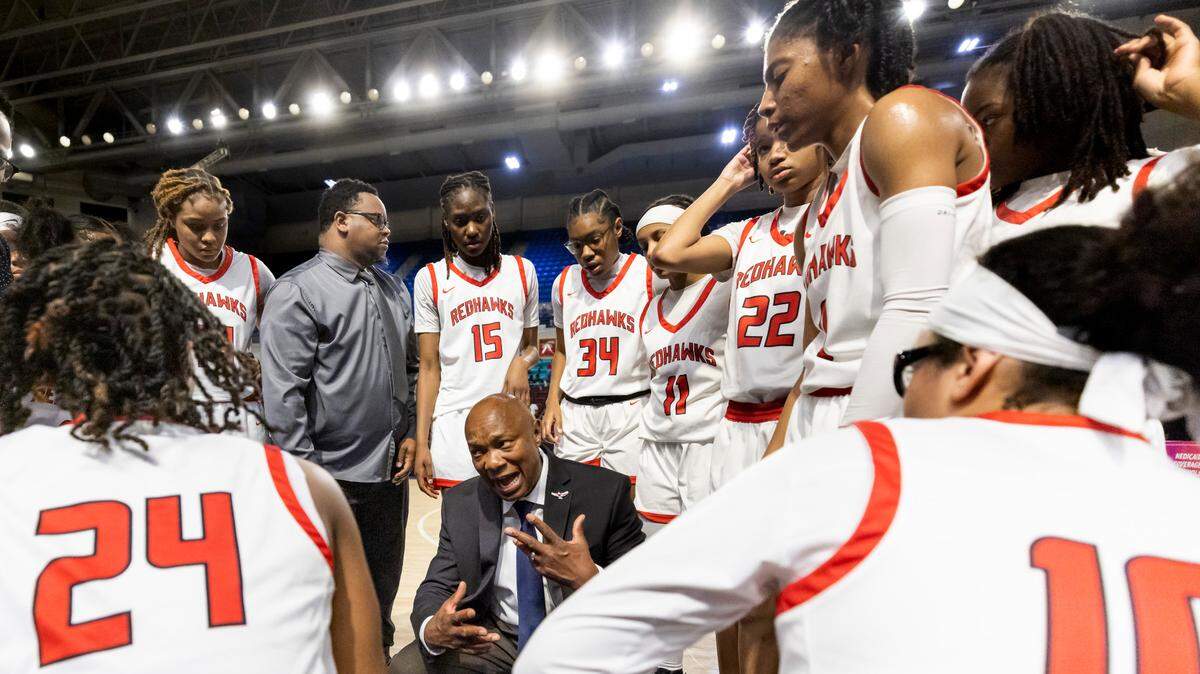 Westwood head coach Gregory Bauldrick speaks to his team during A.C. Flora’s game against Westwood at the Florence Center in Florence on Friday, February 24, 2023.