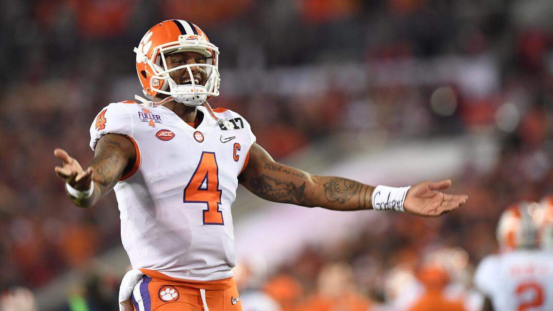 Clemson quarterback Deshaun Watson (4) gestures to the student sections before the start of the Tigers National Championship game against Alabama at Raymond James Stadium in Tampa on Monday, January 9, 2017.