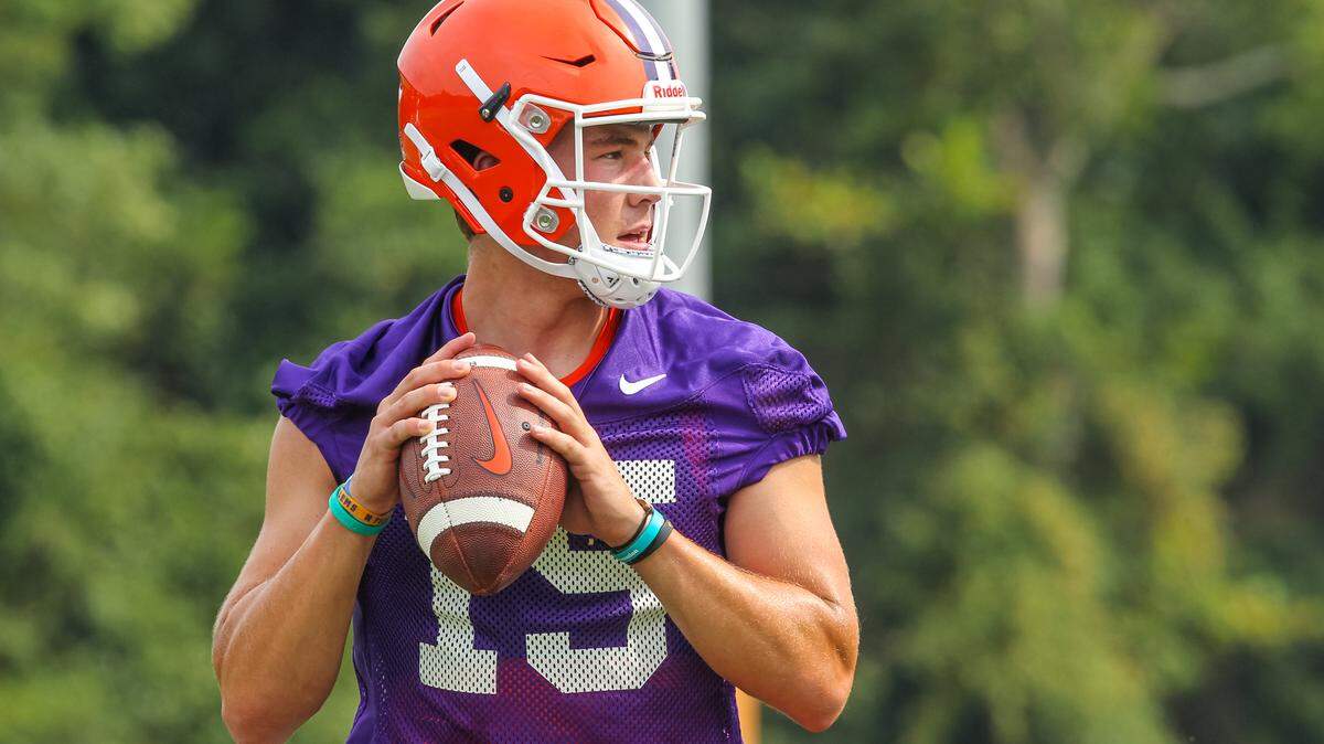 Clemson quarterback Hunter Johnson (15) during the Tigers’ football practice Thursday. 8/3/17