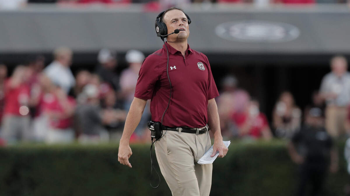 South Carolina Gamecocks head coach Shane Beamer looks at the video screen while his team plays Georgia at Sanford Stadium on Saturday, September 18, 2021.