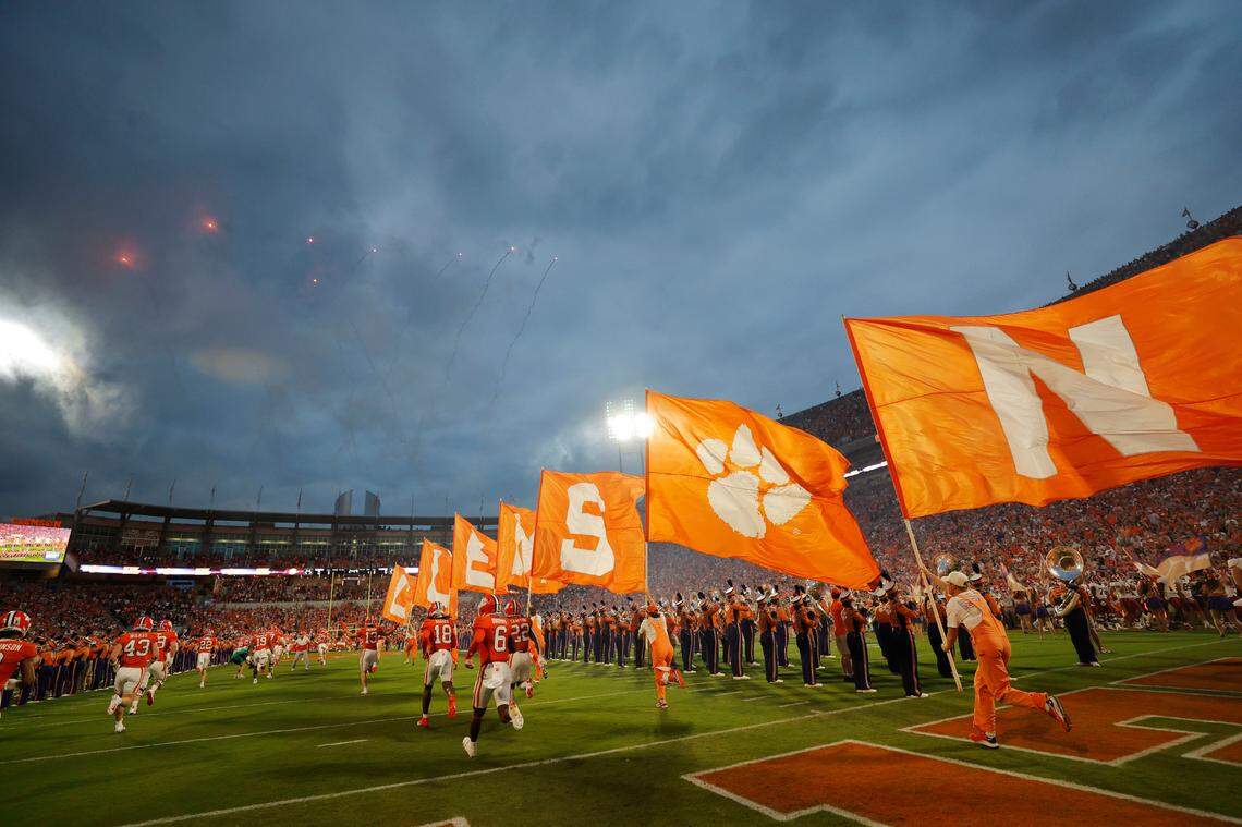 The Clemson football team enters the field after running down the hill before the Stanford game in Clemson, S.C. on Saturday, Sept. 28, 2024.