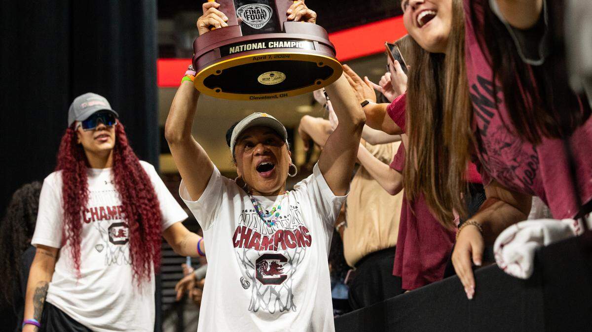 The South Carolina Gamecocks women’s basketball team receive a hero’s welcome at Colonial Life Arena after winning the 2024 NCAA women’s basketball championship on Monday, April 8, 2024.
