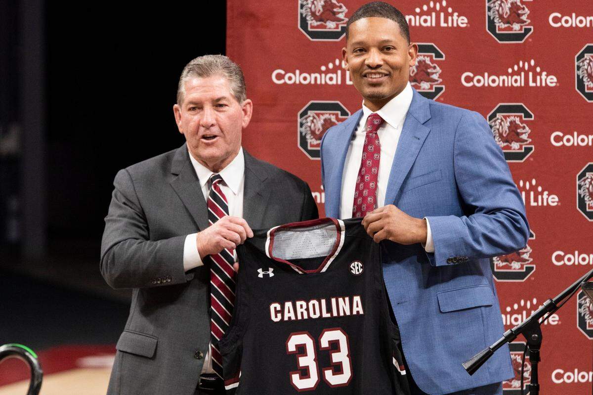 South Carolin athletic director Ray Tanner introduces Lamont Paris as the new head coach of the South Carolina Gamecocks mens basketball team on Thursday March 24, 2022.