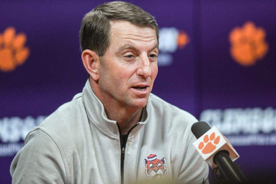 Newly hired football defensive coordinator Tom Allen, formerly at Penn State University, speaks to media in the Smart Family Media Center at Clemson University in Clemson, S.C. Wednesday, January 15, 2024.