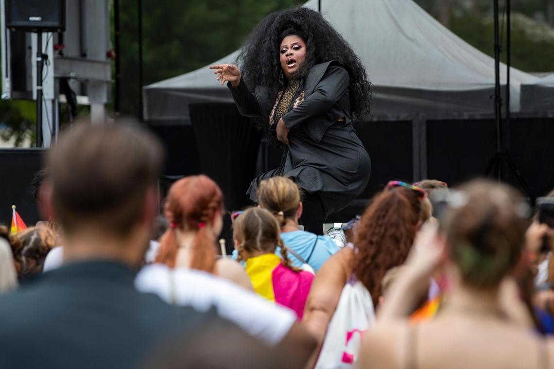 Paris Lefaris performs at OutFest in Columbia, South Carolina on Saturday, June 6, 2021. The festival featured drag performances, local businesses and nonprofits.