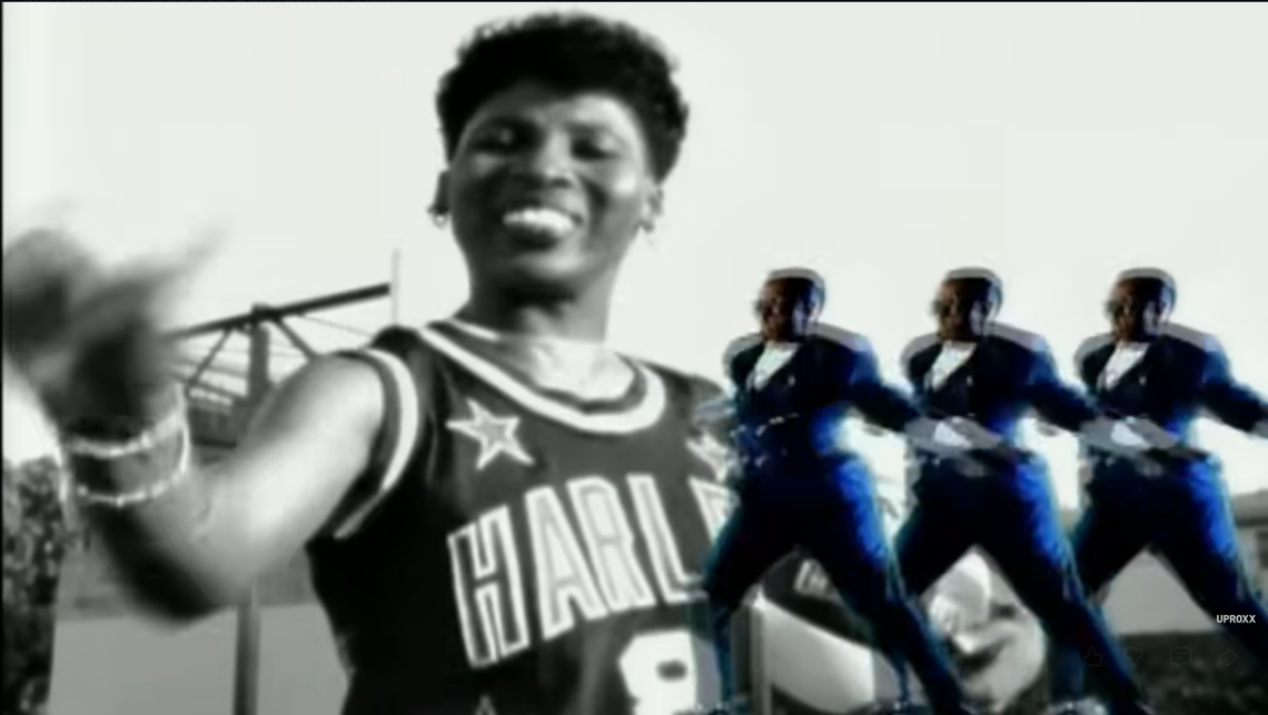 A screenshot of Jolette Law in the background of the music video for MC Hammer’s song “2 Legit 2 Quit,” released in 1991.