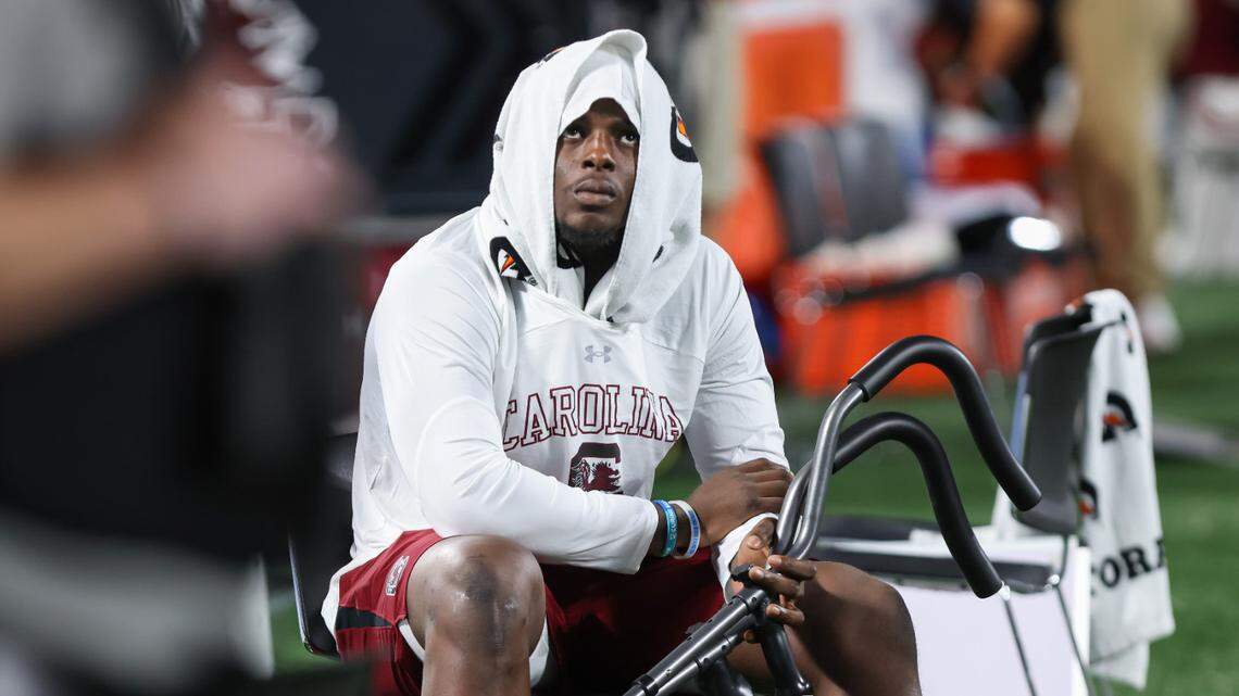 South Carolina linebacker Mohamed Kaba (32) sits on the bench during the Gamecocks’ loss to North Carolina at Bank of America Stadium on Saturday, September 2, 2023.