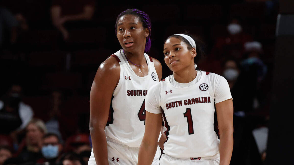 South Carolina’s Aliyah Boston (4) and Zia Cooke (1) look to the bench during the first half of action against Mississippi State on Sunday, Jan. 2, 2022 in the Colonial Life Arena.
