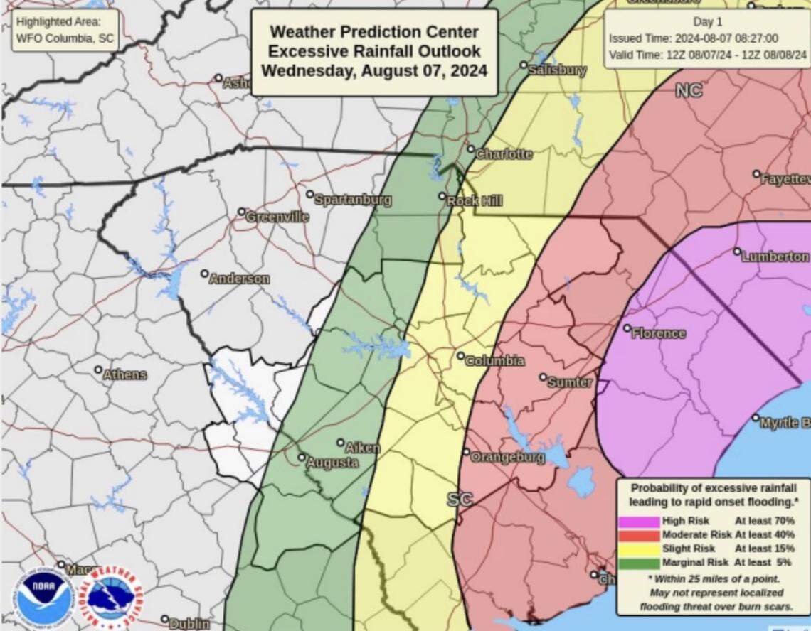 A map that shows areas around Columbia at risk of flooding from Tropical Storm Debby on Wednesday.