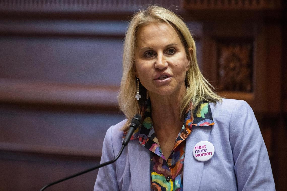 Senator Sandy Senn, R-Charleston, speaks about fentanyl trafficking and characterizes the debate on abortion restrictions as misplaced priorities on Tuesday, May 23, 2023.