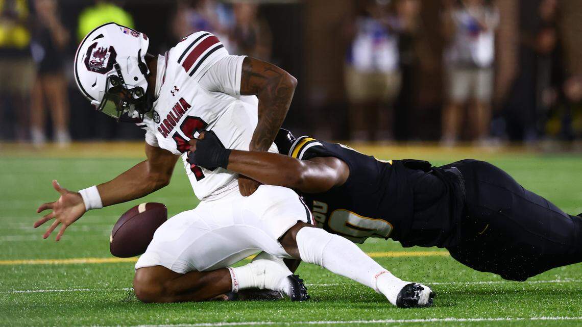 South Carolina quarterback LaNorris Sellers (16) fumbles the ball during the Gamecocks’ game against Missouri at Memorial Stadium in Columbia, MO on Saturday, September 20, 2025.