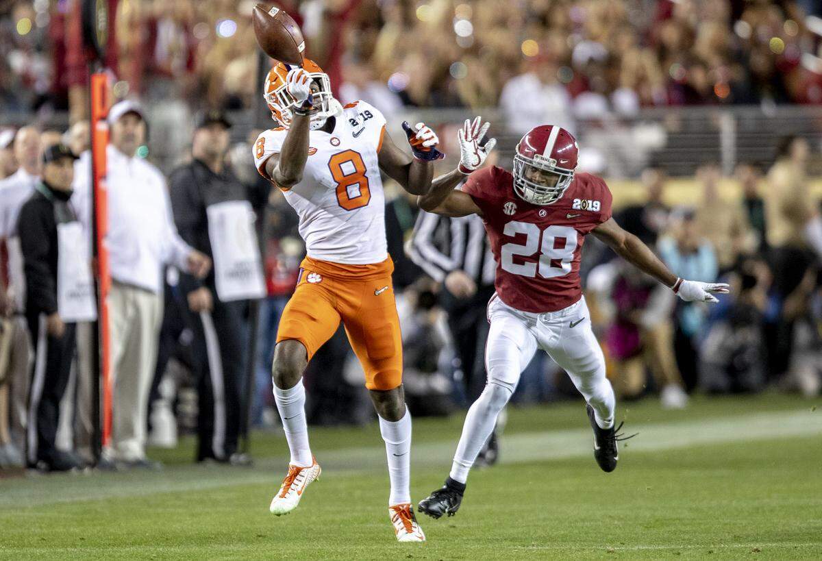 Clemson Tigers wide receiver Justyn Ross (8) makes a reception over Alabama Crimson Tide defensive back Josh Jobe (28) during the College Football Playoff National Championship at Levi’s Stadium on Monday Jan. 7, 2019, in Santa Clara, CA.