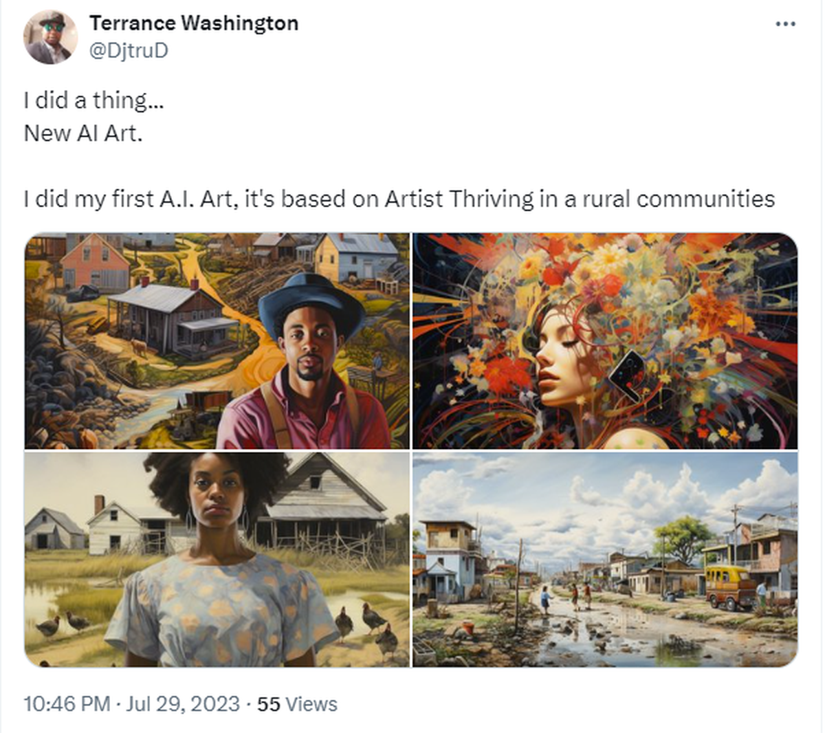 A post by Terrance Washington X (formerly Twitter) indicating his S.C. State Fair submission “Country Girl” was generated using AI