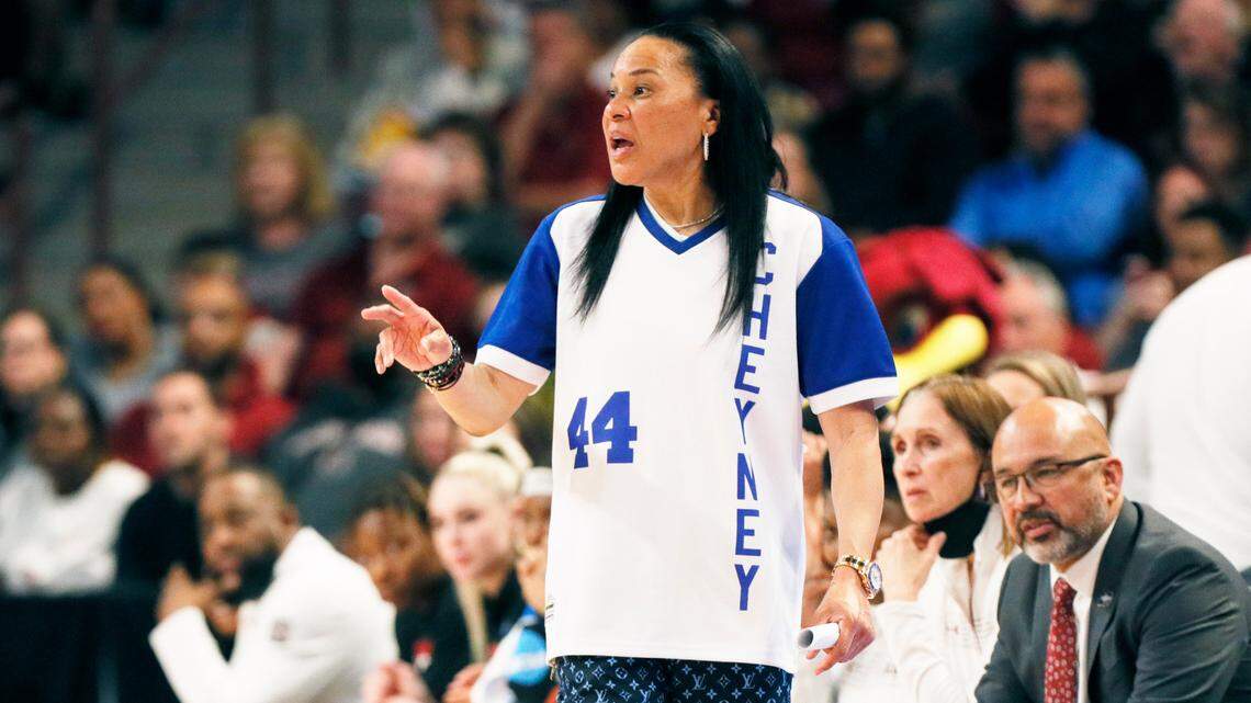 University of South Carolina Head Coach Dawn Staley speaks to her team as they play South Florida in the NCAA Tournament at Colonial Life Arena on Sunday, March 19, 2023.