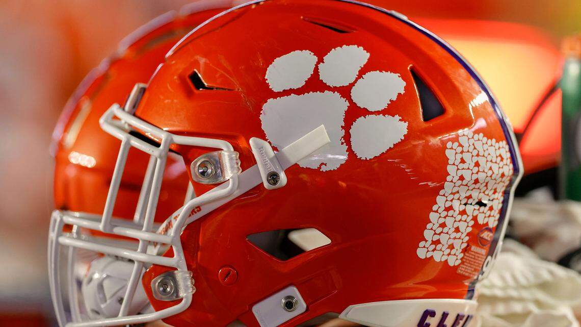 Oct 8, 2022; Chestnut Hill, Massachusetts, USA; The logo of the Clemson Tigers is seen on a football helmet during the second half of the game between the Boston College Eagles and the Clemson Tigers at Alumni Stadium.
