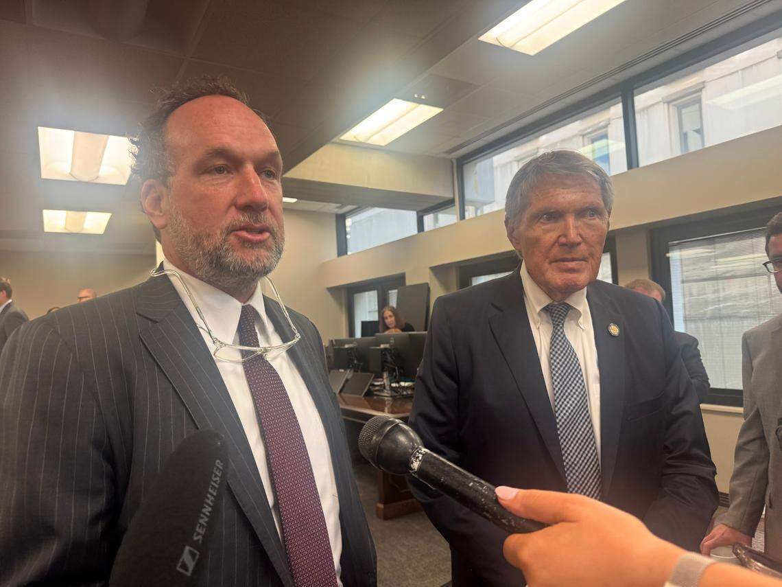 House Ways and Means Chairman Bruce Bannister, R-Greenville, and Senate Finance Chairman Harvey Peeler, R-Cherokee, speak to reporters Wednesday, May 21, 2025, after a budget conference committee approved a $14.7 billion general fund spending plan for the 2025-26 fiscal year, which begins July 1.