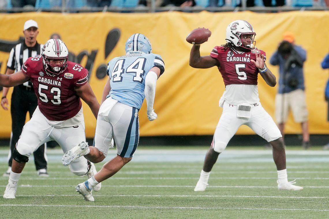South Carolina Gamecocks quarterback Dakereon Joyner (5) passes the ball during the game against North Carolina at the Duke’s Mayo Bowl at Bank of America Stadium in Charlotte, North Carolina on Thursday, December 30, 2021. 