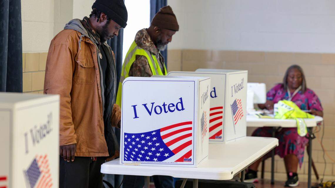 Jaylen Simon casts his ballot at Prince Hall Masonic Lodge on Tuesday, Nov. 5, 2024.