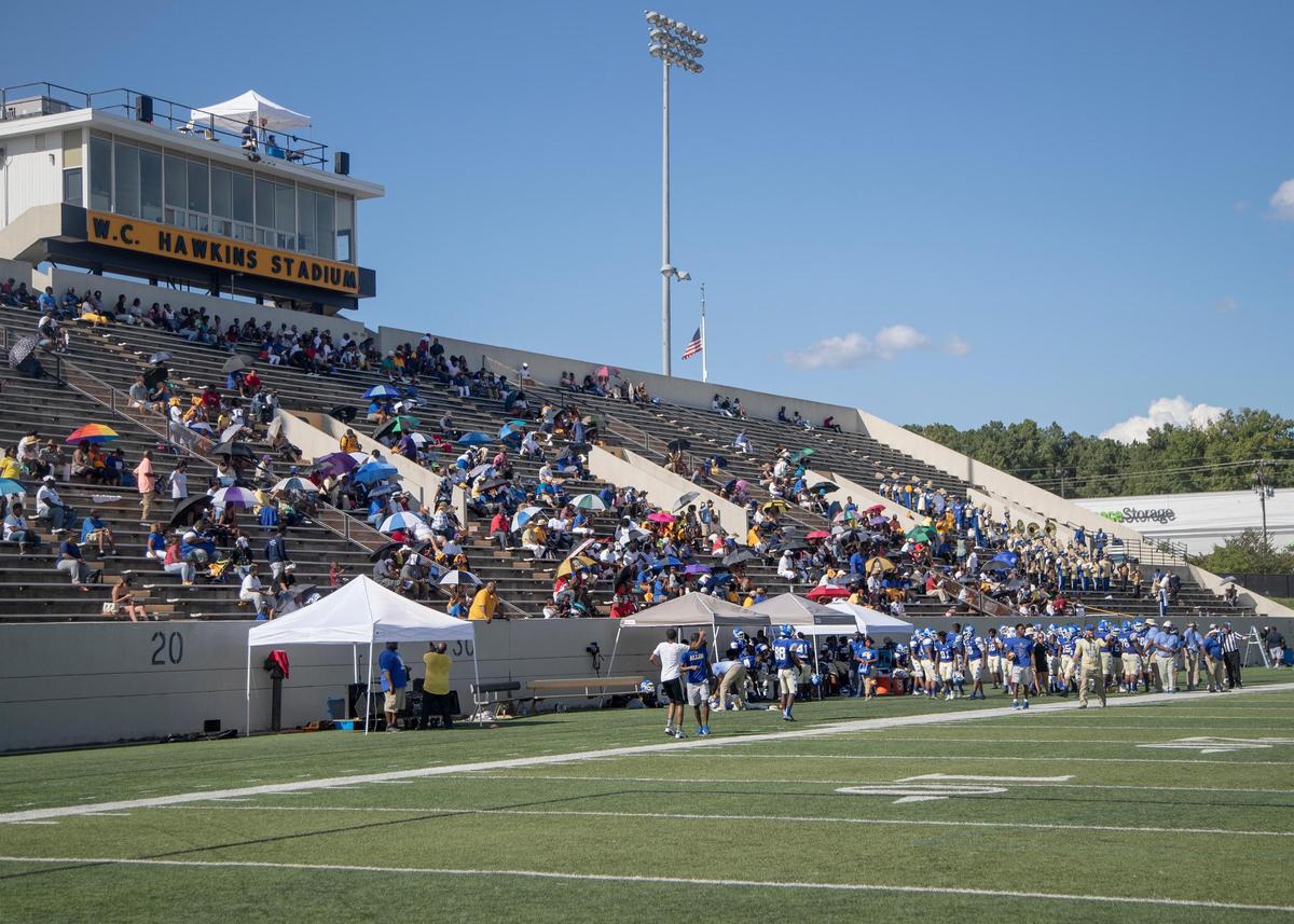 Fans watch Allen University’s football team play against Columbus State University at W. C. Hawkins Stadium Saturday Sept. 1, 2018, in Columbia, SC.