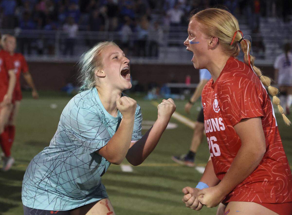 A.C. Flora's Rae Daetwyler celebrates with  Sammi Lawther (26) after beating Dreher 1-0 to win the class 4A upper state playoffs on Friday, May 15, 2026 at A.C. Flora. 