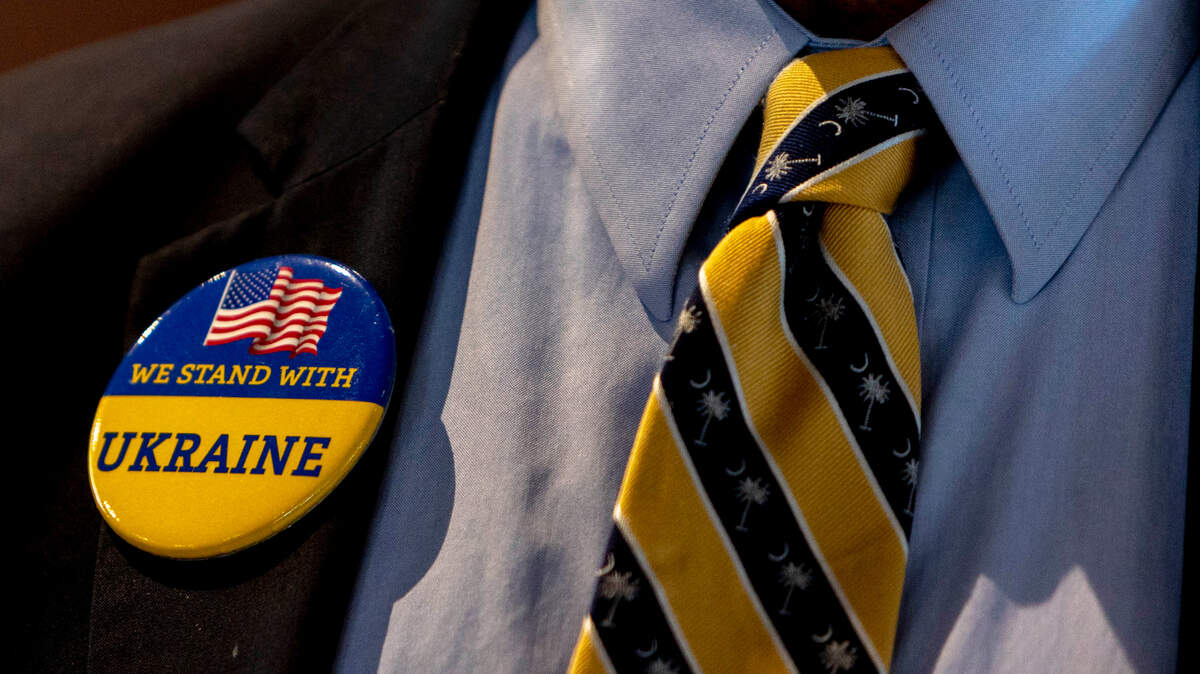 U.S. Rep. Joe Wilson, wears a button showing his support for Ukraine while participating in a roundtable discussion about Ukraine on Monday, March, 14, 2022. The event took place at the University of South Carolina School of Law.