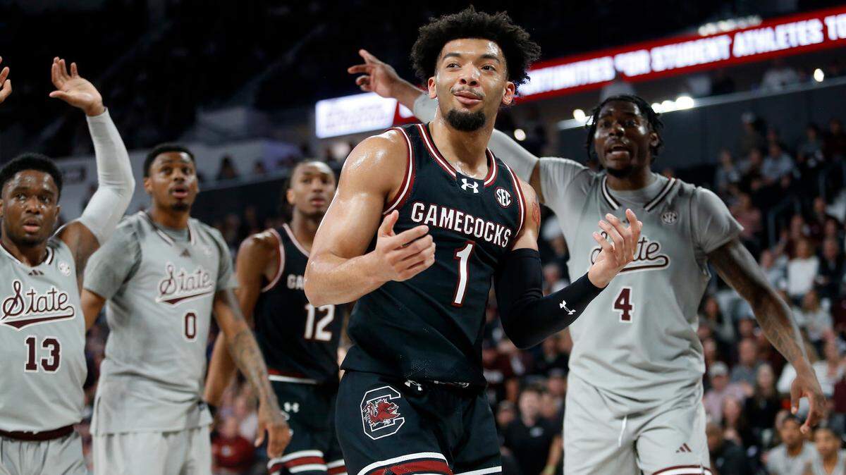 South Carolina Gamecocks guard Jacobi Wright (1) reacts during the first half against the Mississippi State Bulldogs at Humphrey Coliseum.