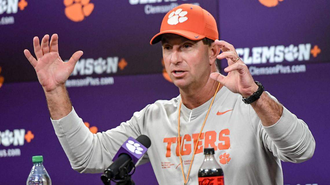 Clemson football head coach Dabo Swinney talks with media before the first football practice at the Allen N. Reeves Football Complex at Clemson University in Clemson, S.C. Friday, February 28, 2025.