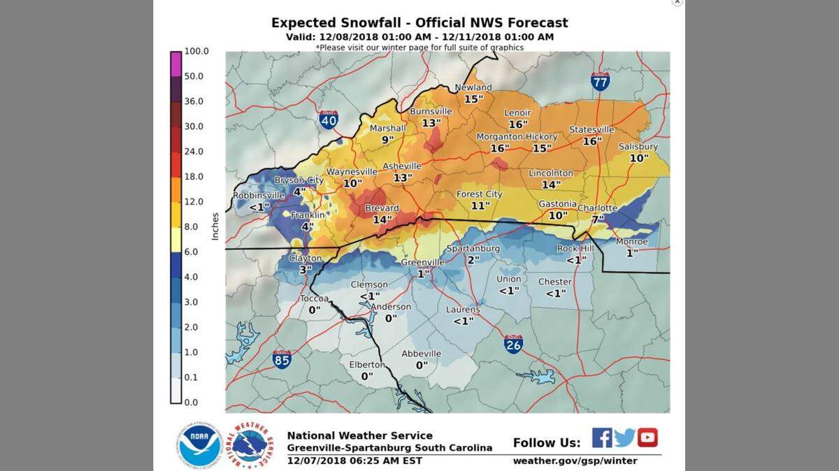 The highest snow totals in South Carolina will likely be in the mountains along the North Carolina border.