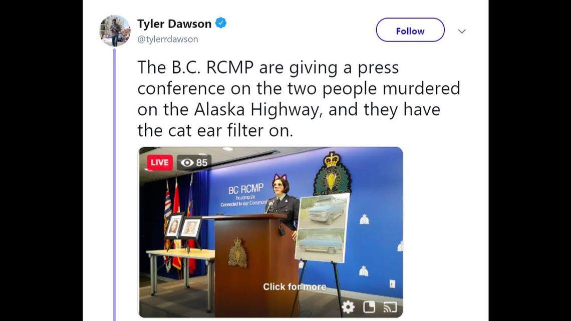 The Royal Canadian Mounted Police streamed a news conference using a filter that added cat ears and whiskers to a police officer.