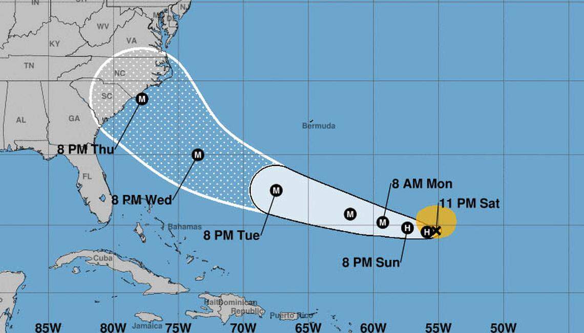 The projected path for Tropical Storm Florence as of 11 p.m. Saturday