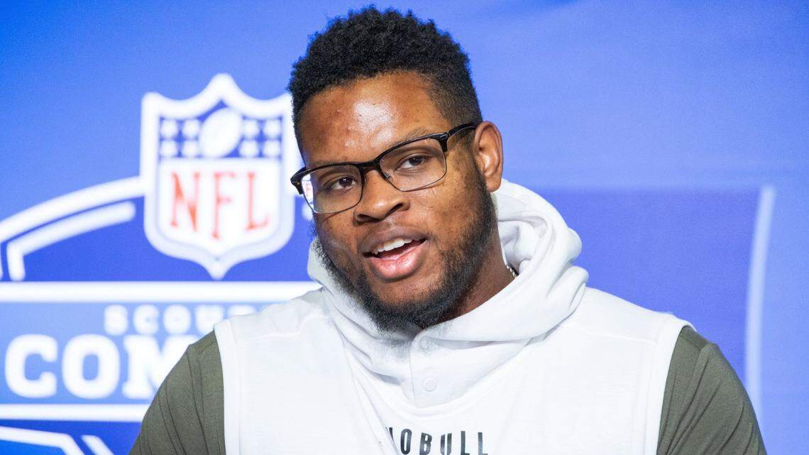 Clemson defensive lineman Myles Murphy speaks to the press at the NFL Combine at Lucas Oil Stadium in Indianapolis.
