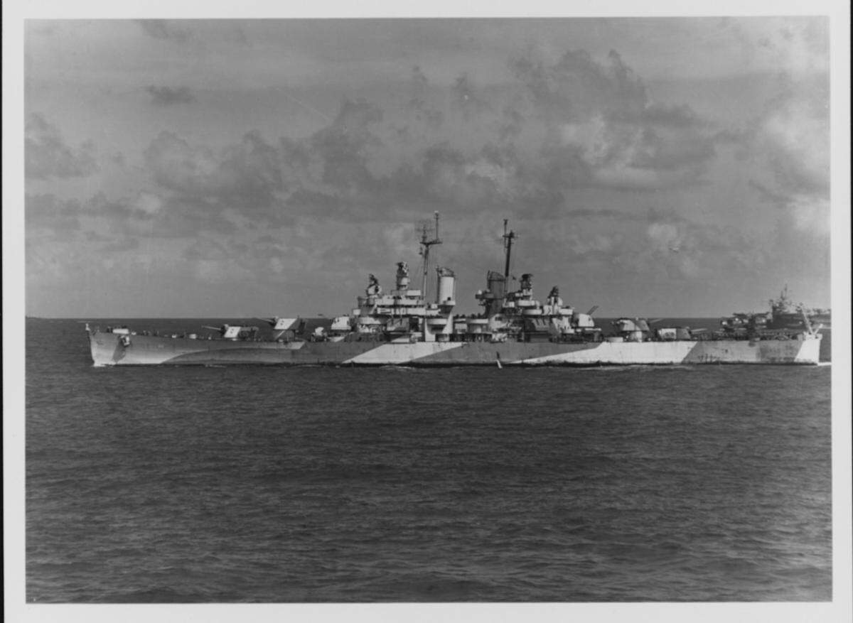 The USS Columbia near Surigao Strait, Philippine Islands, on Jan. 3, 1945, while en route to the Lingayen Gulf landings. Official U.S. Navy Photograph, from the Collections of the Naval History and Heritage Command.