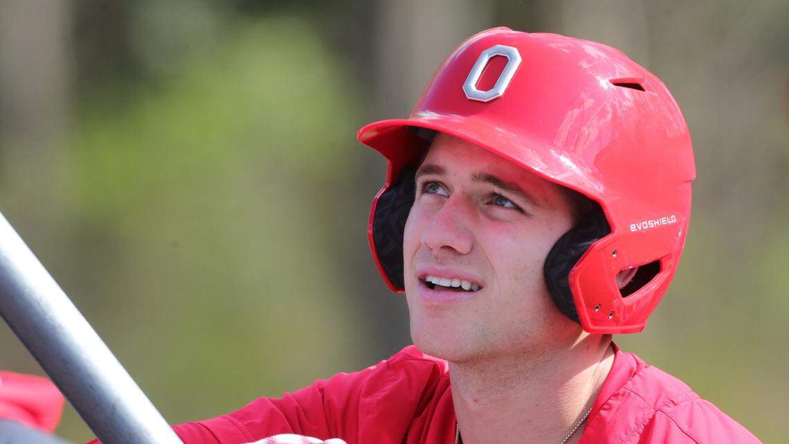 Ohio State shortstop Henry Kaczmar waits his turn in the batting cage before playing at Kent State on Wednesday, April 26, 2023.